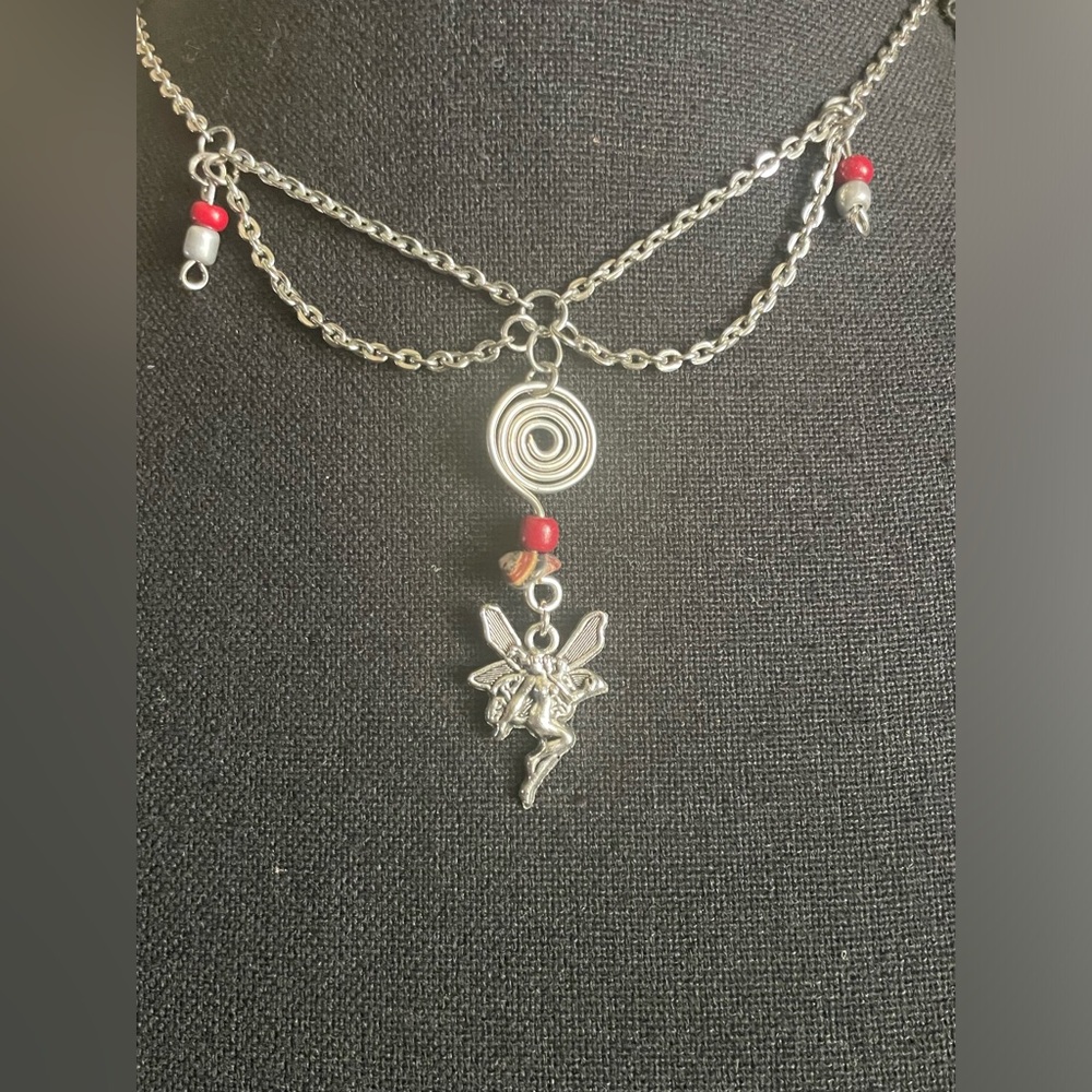 Silver Fairy Pendant Necklace with Red Bead Accents and jasper gem stone